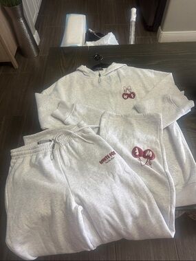 Worn Once White Fox: Two-Piece Hoodie & Sweatpants Set with Cherry Logo